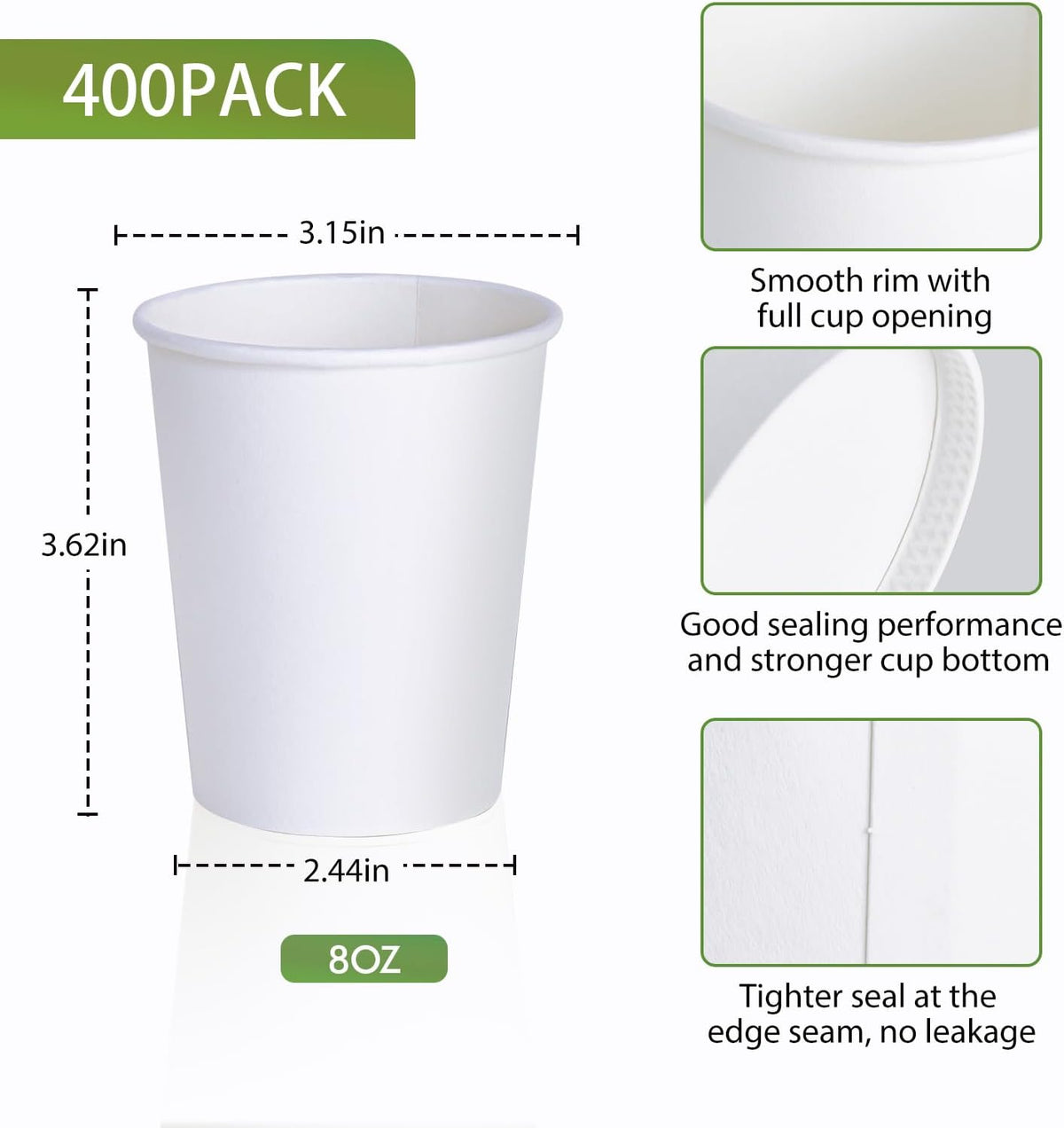 LITOPAK 400 Pack 8 oz Disposable Paper Coffee Cup, Hot/Cold Beverage Drinking Cups for Water, Paper Coffee Cups, White Paper Hot Coffee Cups, Suitable for Party, Picnic, Travel, and Events