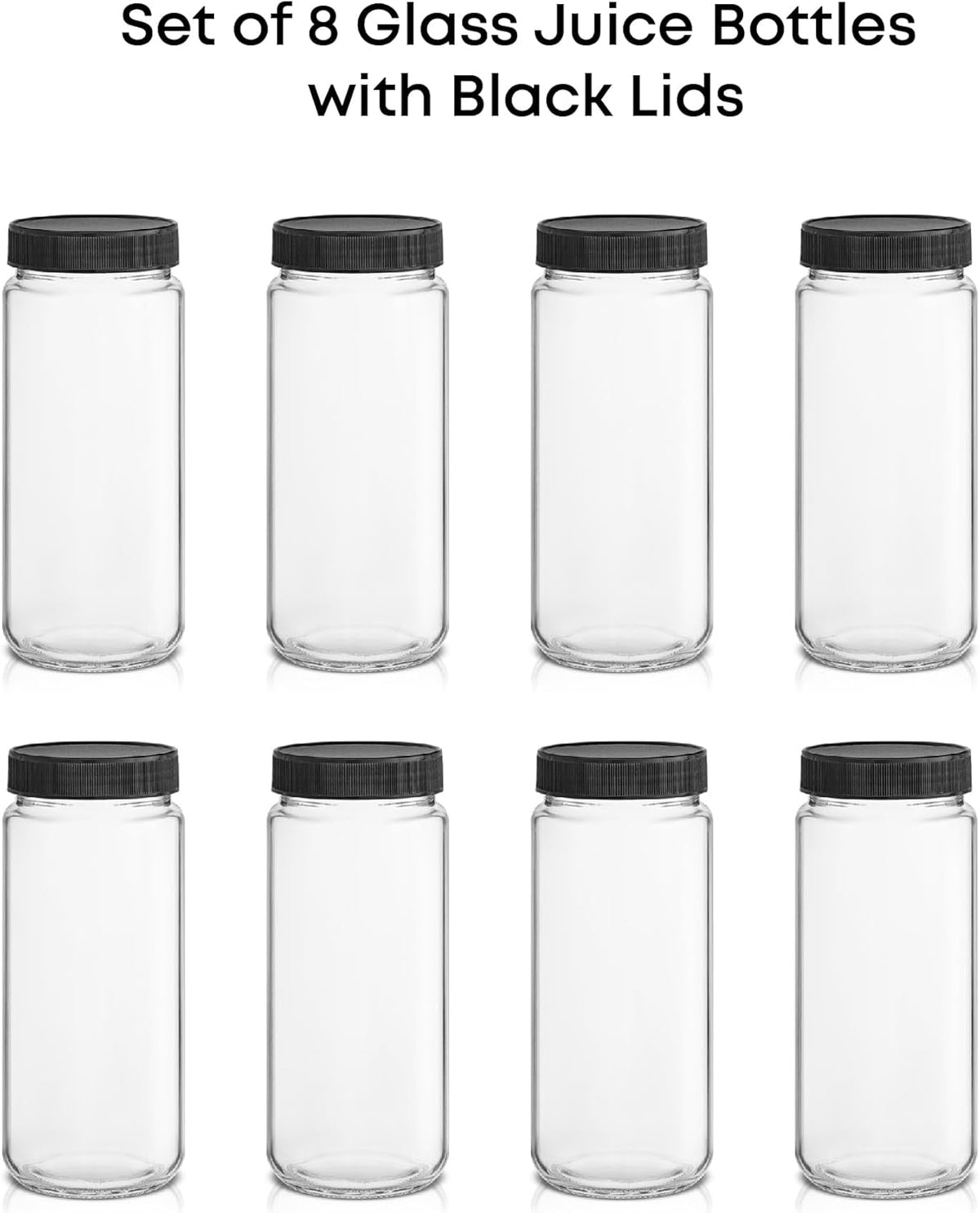 JoyJolt Glass Juice Bottles, 16 oz Glass Bottles with Caps. Set of 8 Juice Containers with Lids for Fridge, and Labels for Juice Jars. Glasses for Juice, Cold Brew Bottles, Smoothie Jars