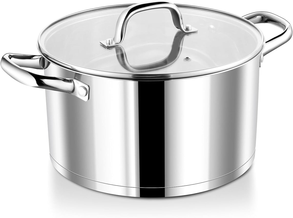 P&P CHEF 8 Quarts Cooking Stock Pot with Lid, Stainless Steel Stockpot Induction Pot for Soup, Tri-Ply Bottom & Clear Glass Lid & Double Handle, Dishwasher Safe