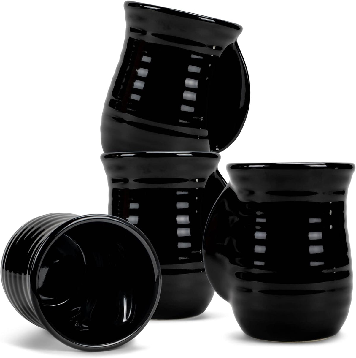 Elanze Designs Ribbed 14 ounce Ceramic Stoneware Handwarmer Mug Set of 4, Black