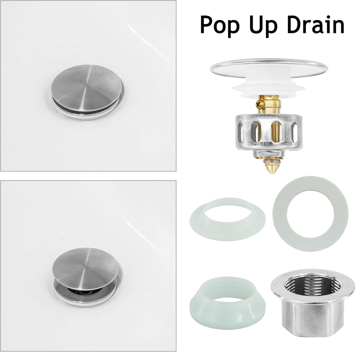 Bathroom Sink Drain,2 Pack Drain Stopper Without Overflow,Pop Up Drain Assembly with Detachable Strainer Basket,Built-in Anti-Clogging, Stainless Steel Nut Brushed Nickel
