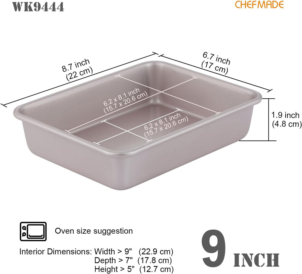 CHEFMADE 8.7-Inch Rectangle Cake Pan, Non-Stick Deep Dish Bakeware for Oven Baking (Champagne Gold)