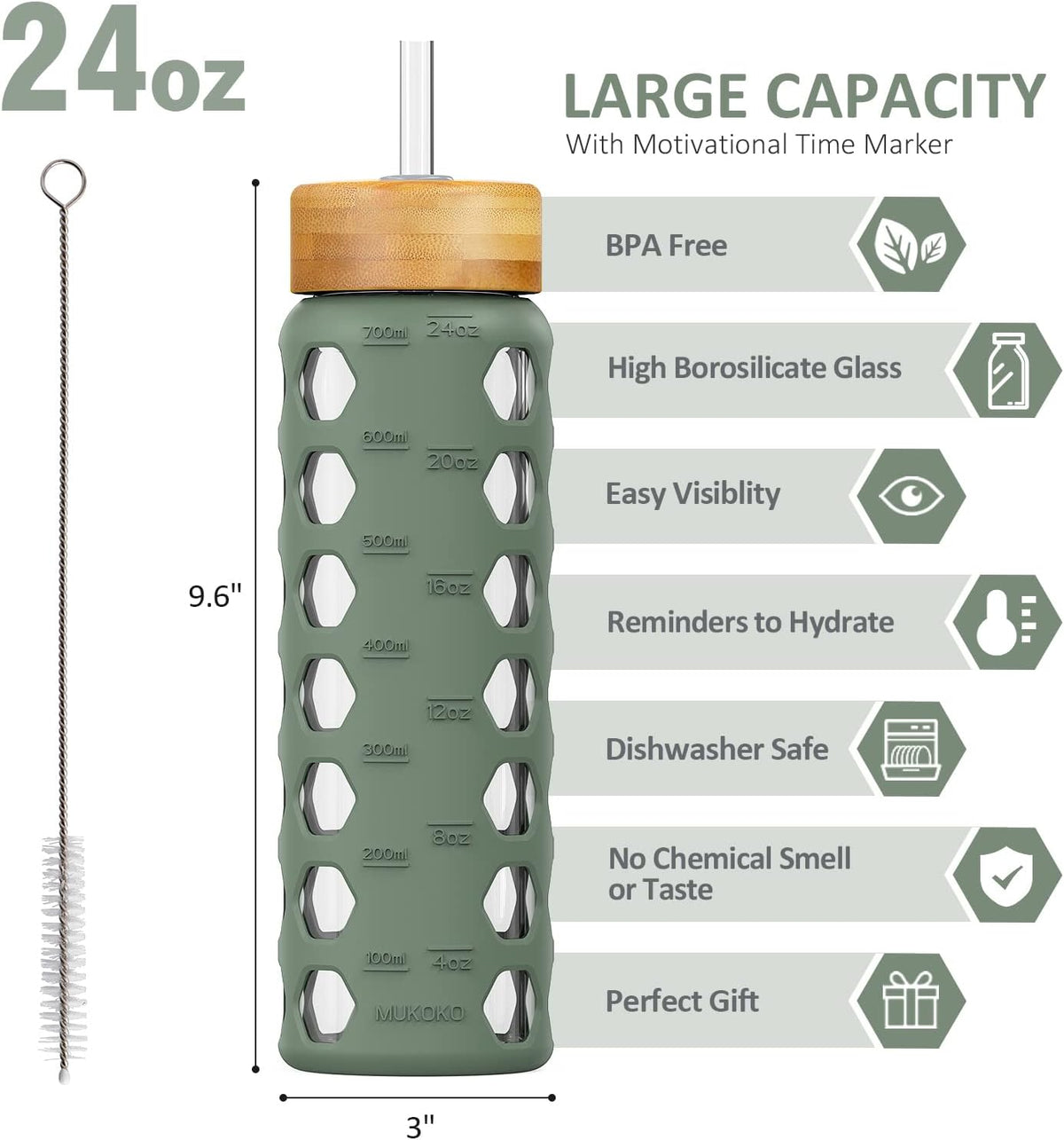 MUKOKO 24oz Glass Water Bottle with 2 Lids-Handle Flip Lid&Bamboo Straw Lid,Motivational Water Tumbler with Time Marker Reminder and Silicone Sleeve, Leakproof-Olive