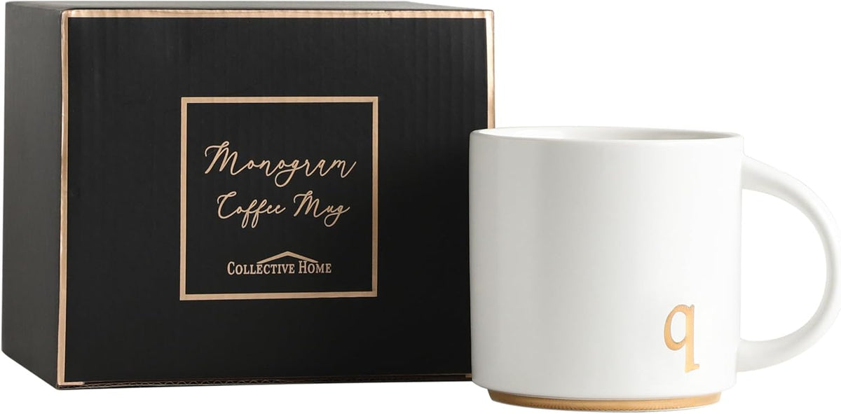 COLLECTIVE HOME - Monogram Ceramic Mugs, 15 oz Golden Initial Coffee Cups, Elegant Alphabet Tea Mugs, Elegant Personalized Mug with Gift Box, Luxurious Cups for Office and Home (q)