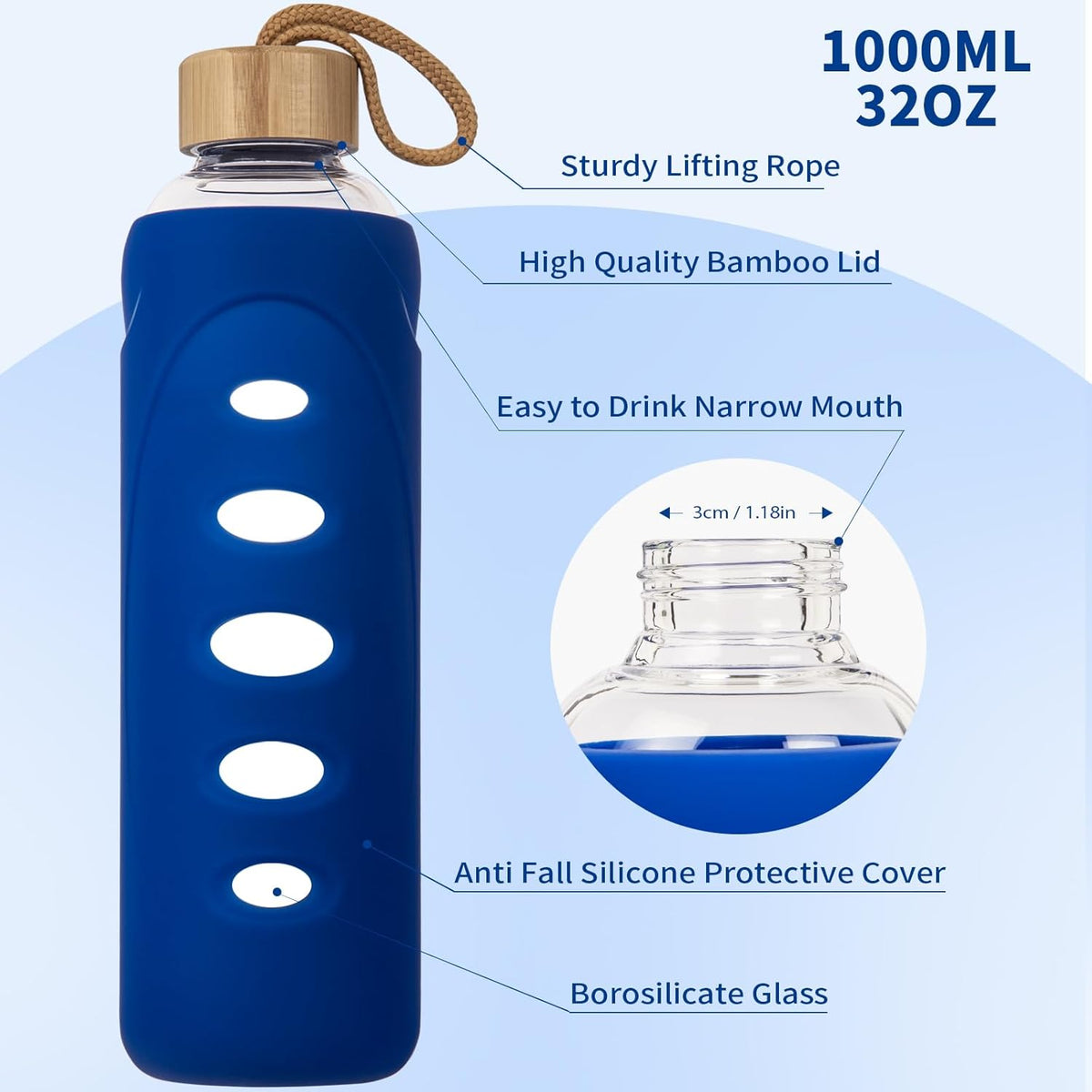 Sport 32oz Glass Water Bottle 1000ml /1 liter Borosilicate Glass Water Bottle Reusable Waterbottle Jugwith Silicone Sleeve and Unique Lid (Blue