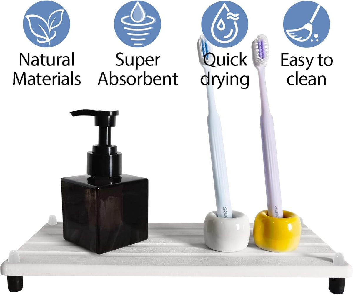 2 PCS Water Absorbing Stone Trays for Bathroom Counter, Fast-Drying Faucet Mat for Kitchen Sink, Diatomite Sink Caddy, Hand Soap Holder with Anti-Skid Feet (9.5" x 4.7" White)