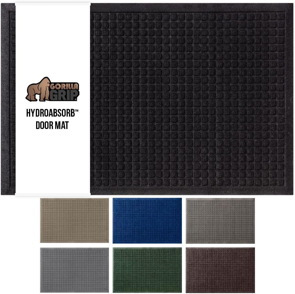GORILLA GRIP Front Door Mat, Indoor Outdoor Ultra Absorbent HydroAbsorb Doormat, Absorbs Up to 1.7 Cups of Water, Stain and Fade Resistant, Rubber Backing Doormats, Captures Dirt, 29x17 Black