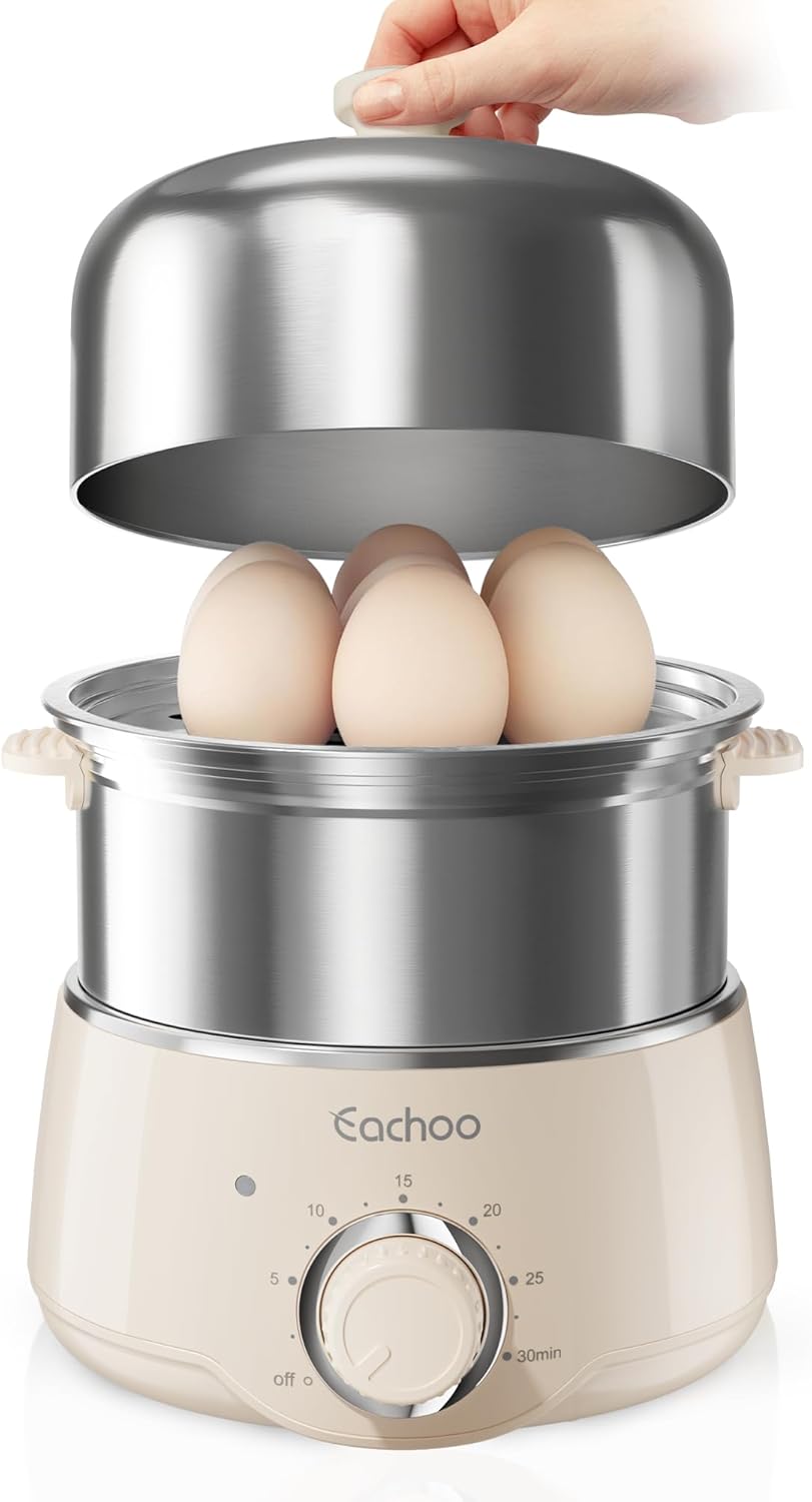 Hard Boiled Egg Cooker - CACHOO 14-Egg Rapid Stainless Steel Egg Boiler with 30-Min Timer & Auto Shut Off, Compact Electric Vegetable Steamer for Cooking, Dishwasher Safe, Beige