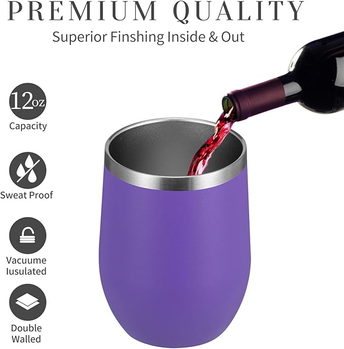 MEWAY 12oz Wine Tumbler 16 Pack Bulk Gifts for Women,Double Wall Vacuum Stainless Steel Travel Mug with Lid,Insulated Stemless Wine Cup Glass for Coffee,Cocktails,Drinks(Purple,Set of 16)