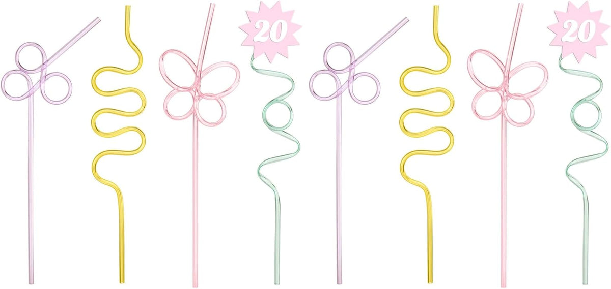 xo, Fetti Pastel Reusable Straw Set - 20 pc | Rainbow Birthday Party, Butterfly Bachelorette, Bridal Shower Decorations | Squiggly, Wavy, (Pack of 2)