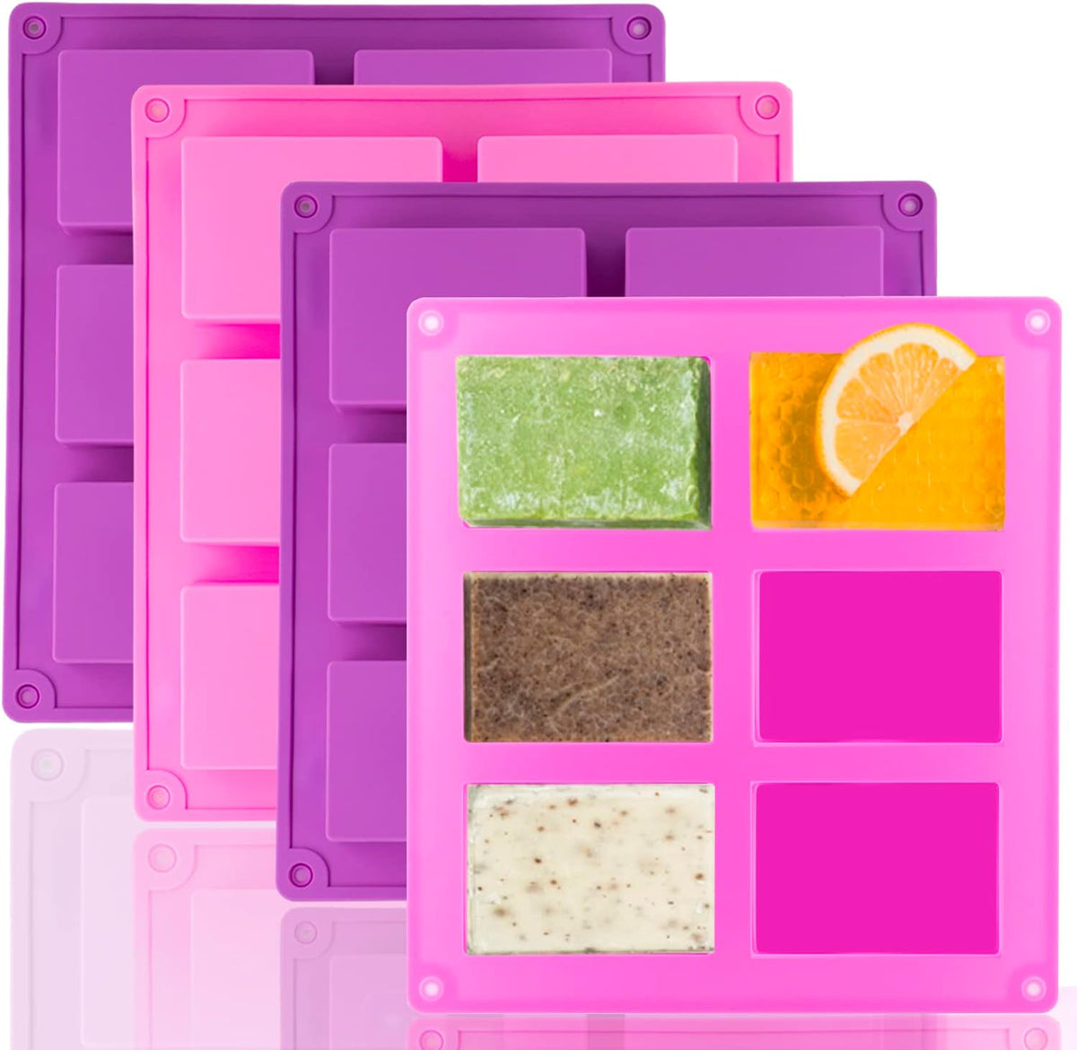 4 Pack Silicone Soap Molds, 6 Cavities Rectangle Silicone Soap Mold, Great for Homemade Craft Soap Bar Mold, DIY Chocolate Molds, Cake Molds & Ice Cube Trays - Just Pop Out (Purple & Pink)