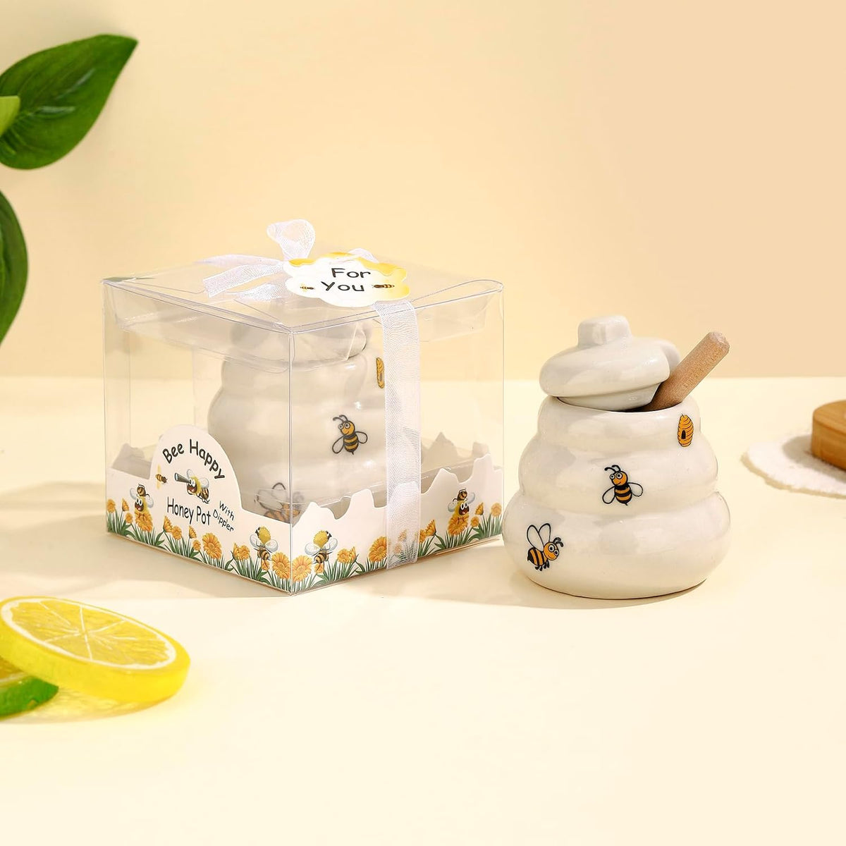 12 Sets Ceramic Bee-Happy Honey Pot with Dipper，Honey Jar Serving Set with Exquisiting Package for Wedding Favor,Bridal Shower Favor, Baby Shower Favor，Party Favor (12)