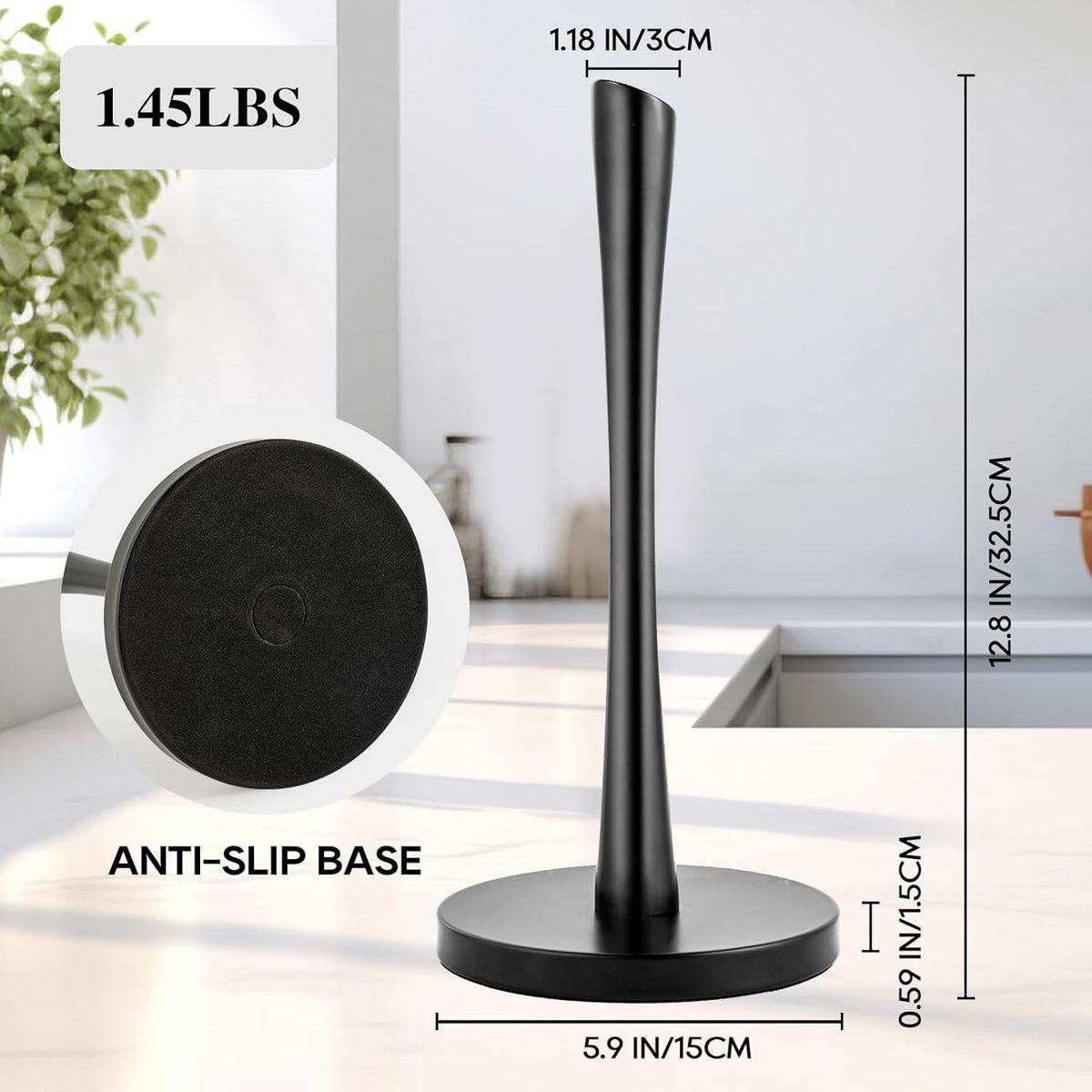JOGREFUL Paper Towel Holder Stand, Stainless Steel Kitchen Paper Towel Countertop Stand with Streamline Body, Bathroom Organization for Family Standard Large Size Roll Paper, Black
