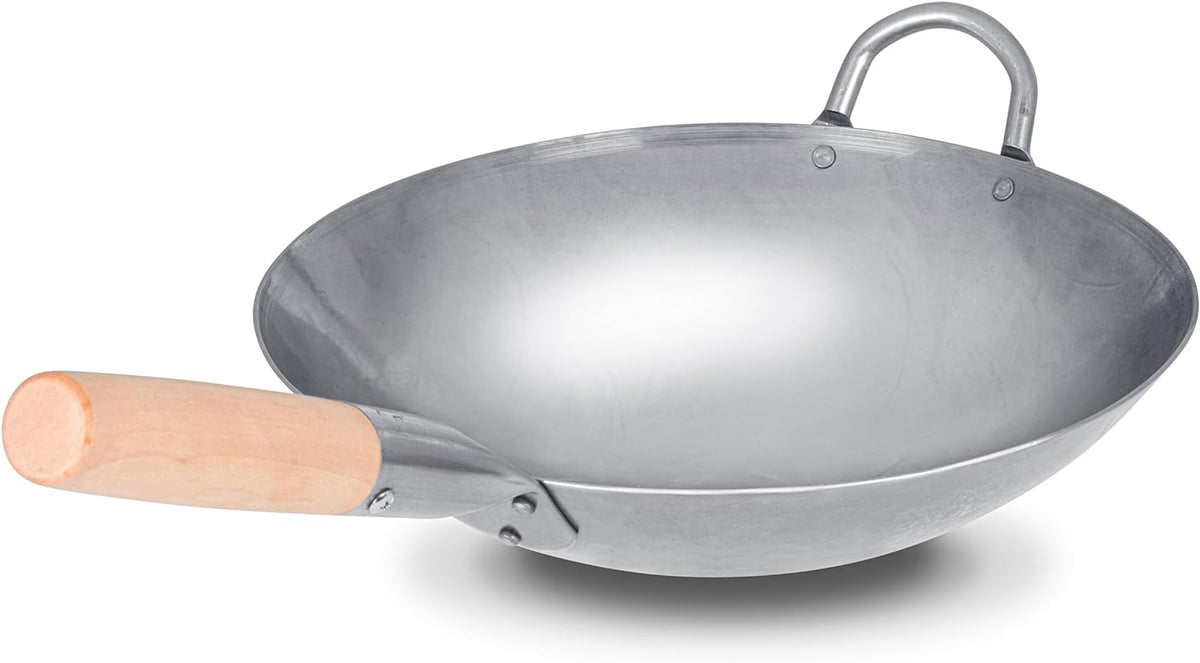 Craft Wok Traditional Hand Hammered Chinese Carbon Steel Wok with Wooden and Steel Helper Handle (12 Inch, Round Bottom Pow Wok Pan) / 731W88-12in