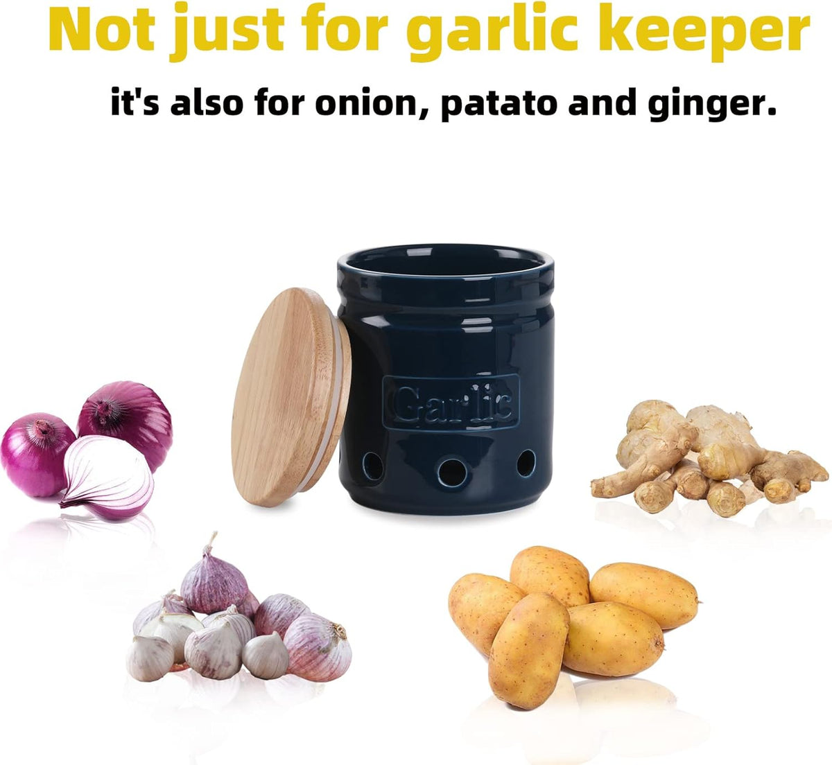 Large Garlic Keeper with Wooden Lid, Ceramic Garlic Holder Storage, Garlic Container for Kitchen, Garlic Saver to Keep Your Garlic Cloves Fresh Longer 4.5-Inch, Navy