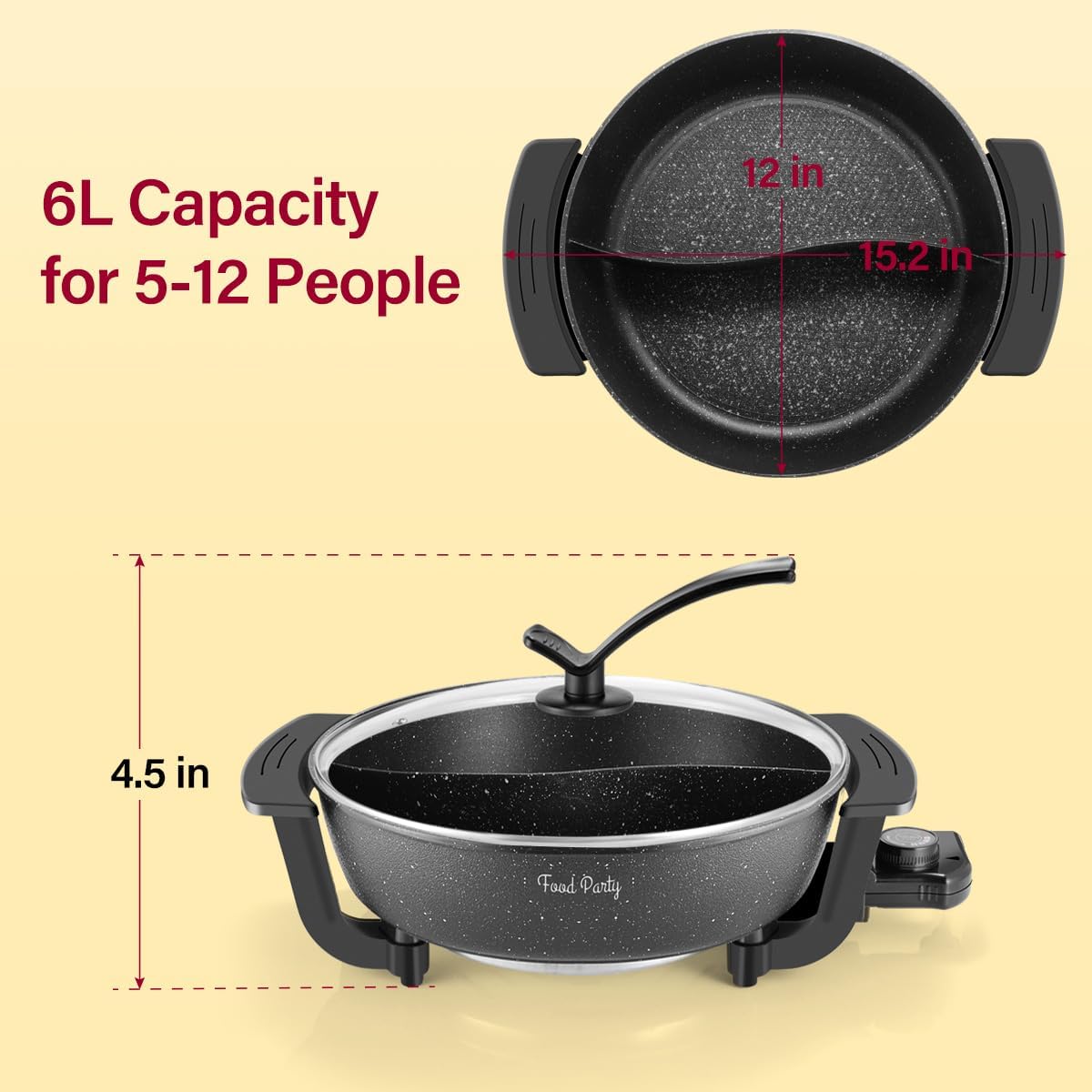 Food Party Electric Hot Pot with Divider Hotpot Pot Electric Hopot Cooker Shabu Shabu Pot 110V 1200W Non-Stick 6-Quart BPA FREE Fondue Chinese Hot Pot