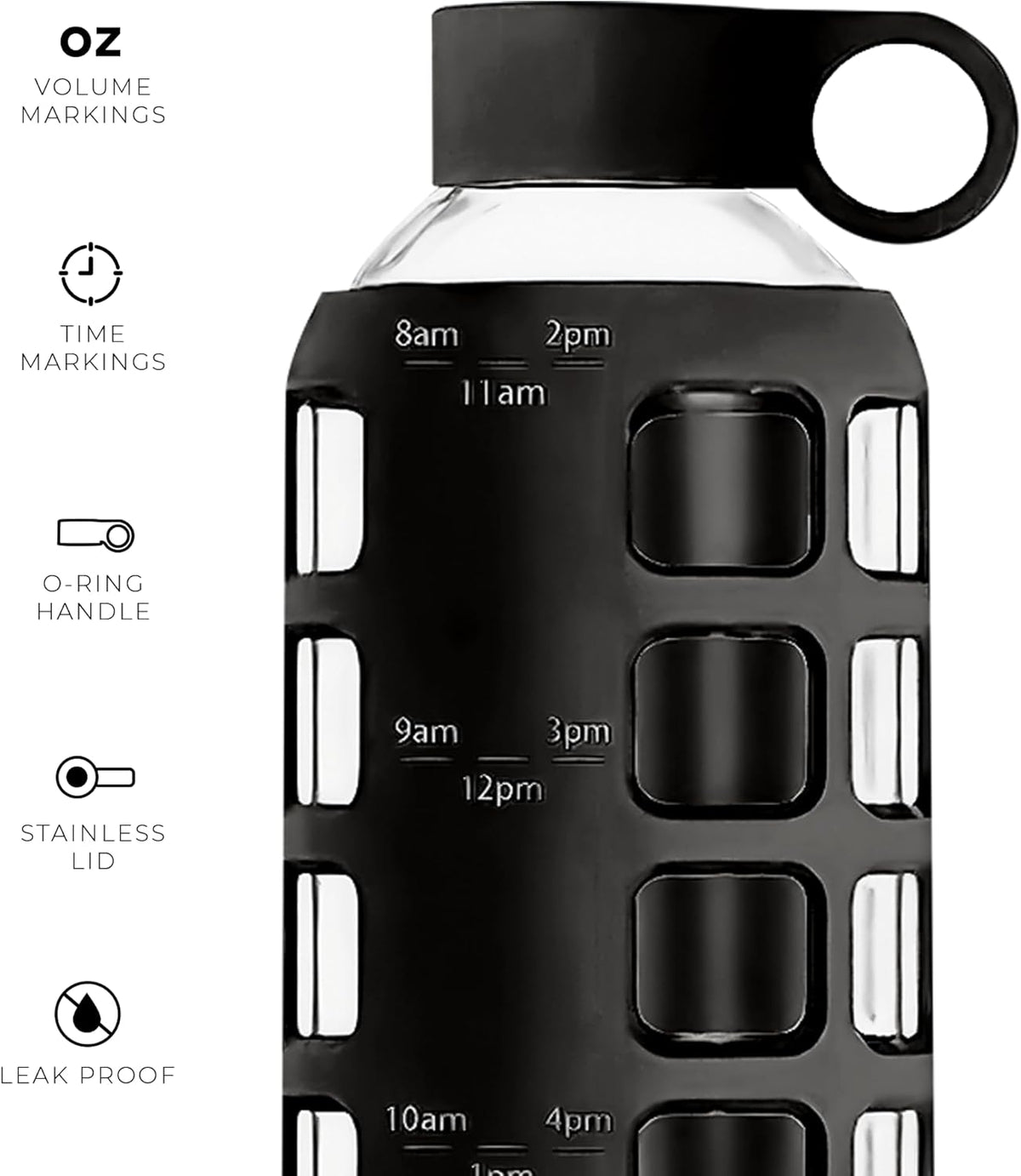 purifyou 40oz / 32oz / 22oz / 12oz Borosilicate Glass Water Bottle with Time & Volume Markers, Silicone Sleeve, Stainless Steel Lid – Reusable Glass Bottle for Water & Juice (22oz Jet Black)