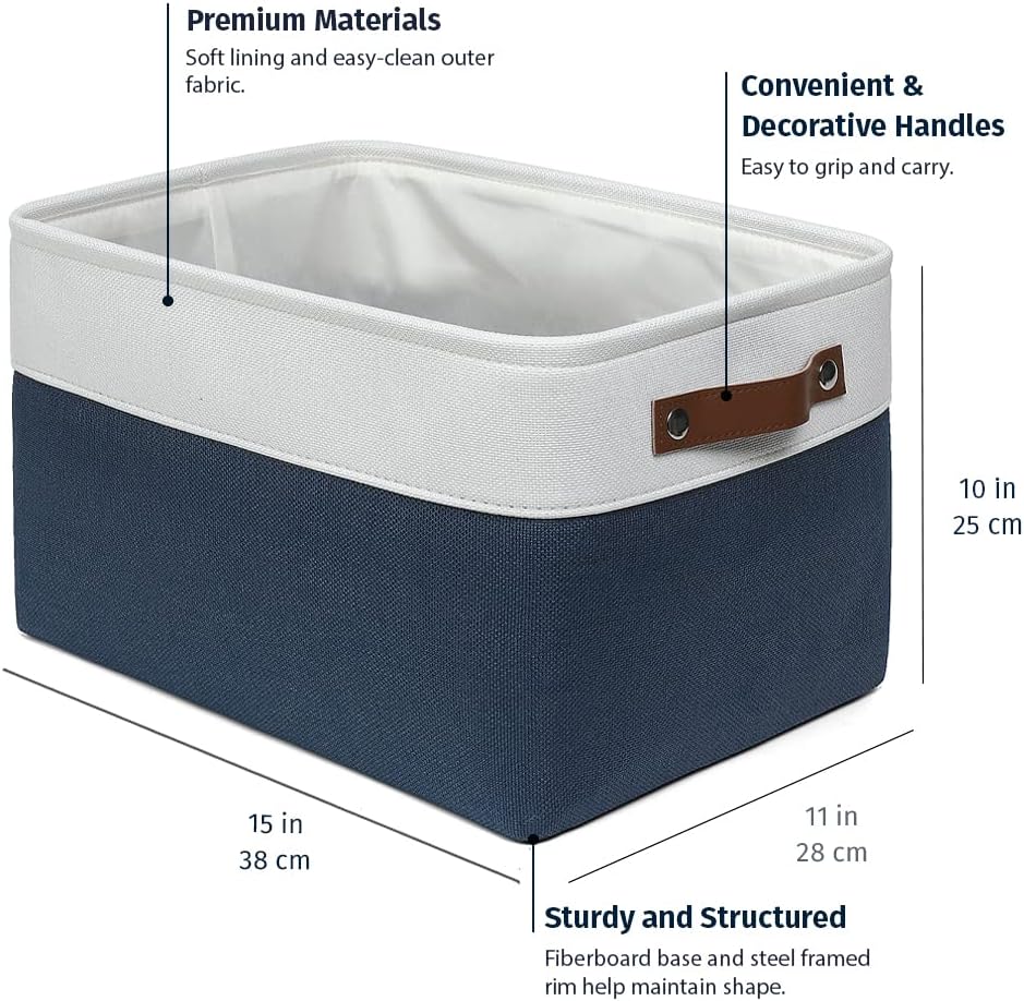 OrganiHaus Large Fabric Storage Bins for Shelves 3 Pack, 15x11in Closet Storage Bins for Shelves, Cloth Baskets & Closet Organizers, Fabric Basket, Navy Blue/White