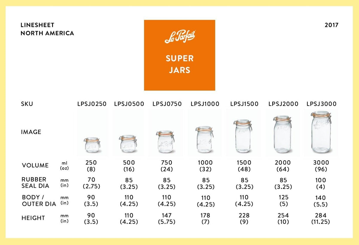 Le Parfait Super Jar - 1.5L French Glass Canning Jars w/Round Body, Wide Mouth, Airtight Lid - Clear Glass (48oz/Quart & Half, 3pk)