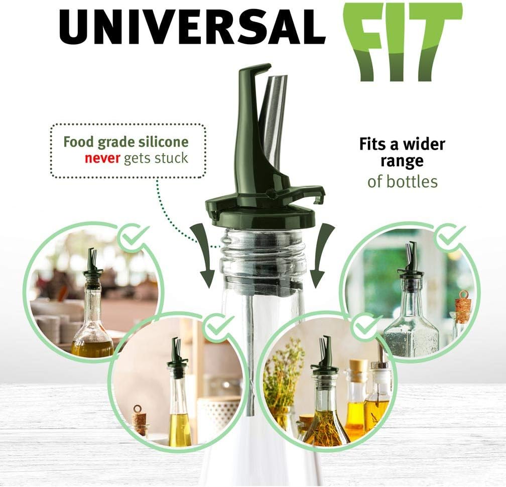 Olive Oil Spout for Olive Oil Dispenser - UK Patented Oil Pourer - Mid Flow Shut Off for Accurate Measurement - One Handed Open & Close Cap Keeps Oil Fresh and Prevents Oxidization - Green 6 Pack