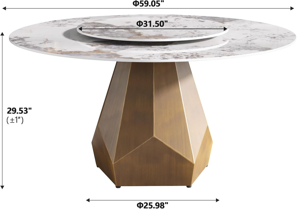 Montary 59" Modern Artificial Marble Round Dining Table with Antique Brass Metal Base & 31.5" White Sintered Stone Turntable, Dining Room Table with Lazy Susan for 6-8 (Only Table)