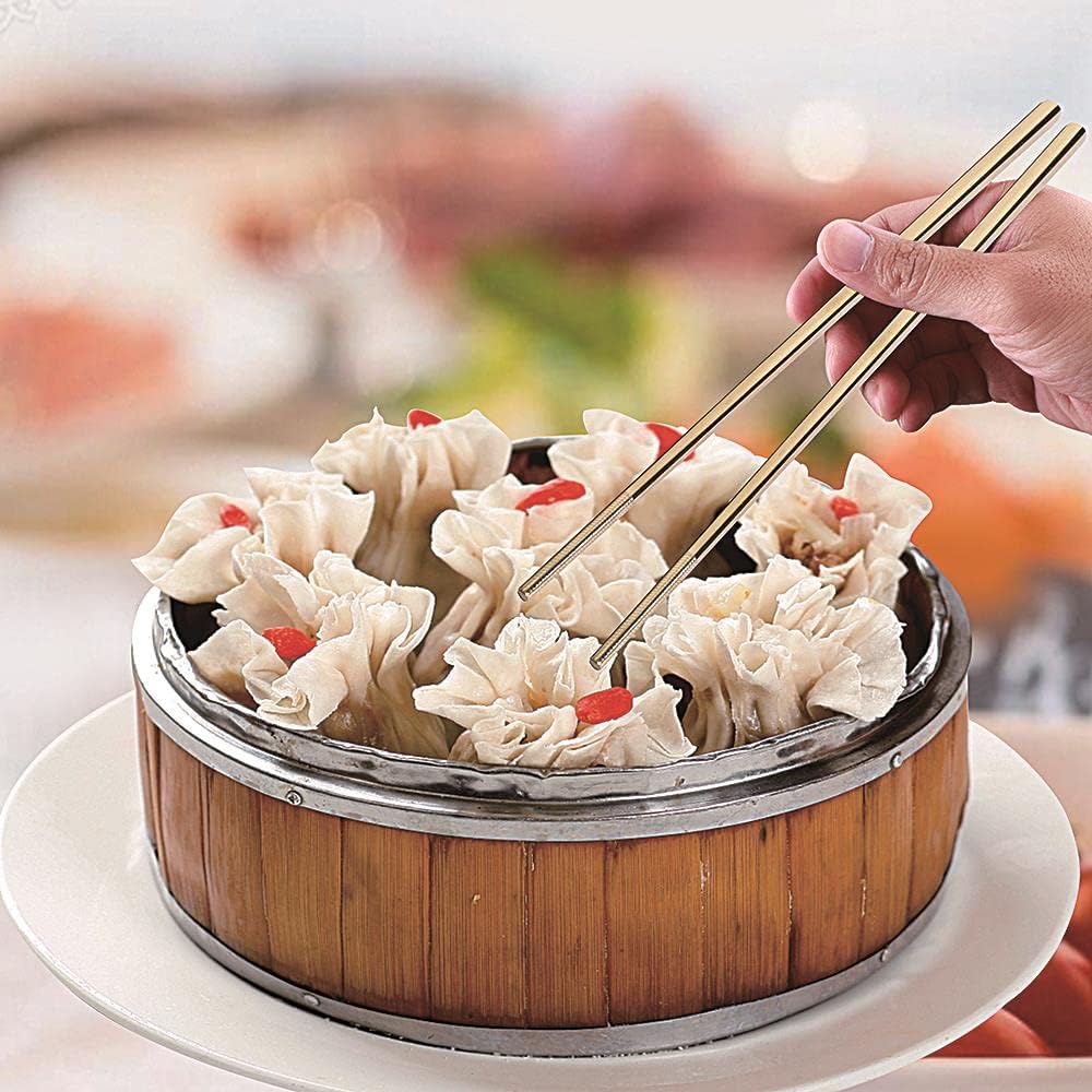 Metal Chopsticks Reusable Titanium Plated Stainless Steel Japanese Korean for Food & Cooking 9.5Inch Non-Slip for Beginners Square Laser 5 Pairs Gift Set