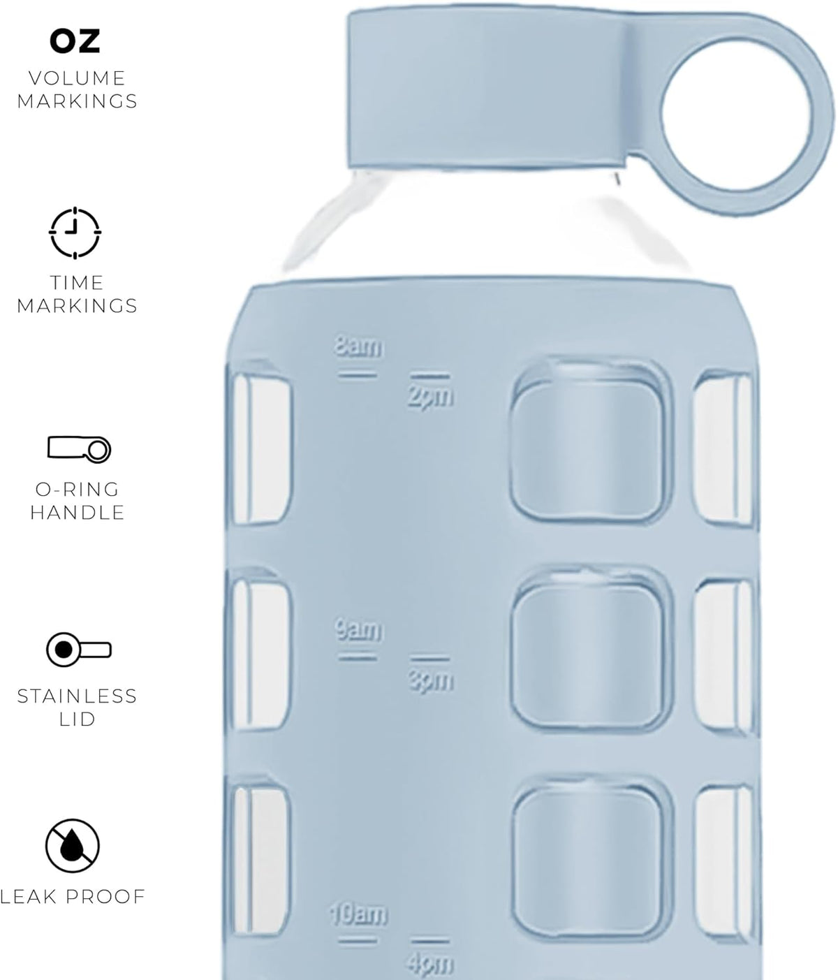 purifyou 40oz / 32oz / 22oz / 12oz Borosilicate Glass Water Bottle with Time & Volume Markers, Silicone Sleeve, Stainless Steel Lid – Reusable Glass Bottle for Water & Juice (32oz Ice Blue)