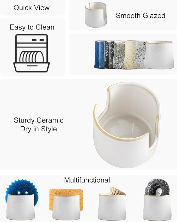 Sponge Holder for Kitchen Sink, Ceramic Dish Sponge Drying Caddy Scrubby Daddy Kitchen Organizer Cute Dish Rack for Sink Counter, Beige White