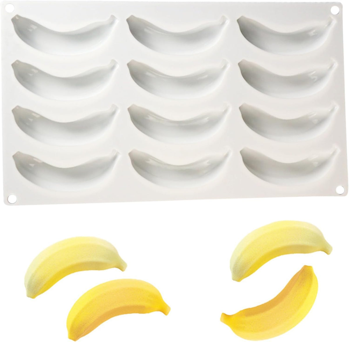 OCPO KITCHEN 3D Banana Shape Silicone Molds for Baking Mousse Cake, 3D Silicone Baking Mold for Candy Pastry Chocolate Truffle Cupcake Jelly Cookie Pudding Cake Decoration Mold, 12-Cavity
