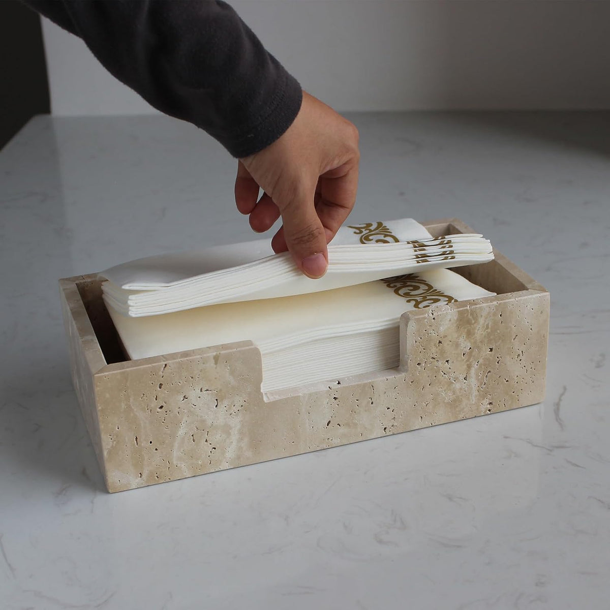 Natural Travertine Napkin Holder 9.8"x4.9"x2.8", Guest Towel Holder, Paper Hand Basket for Bathroom/Kitchen/Restaurant