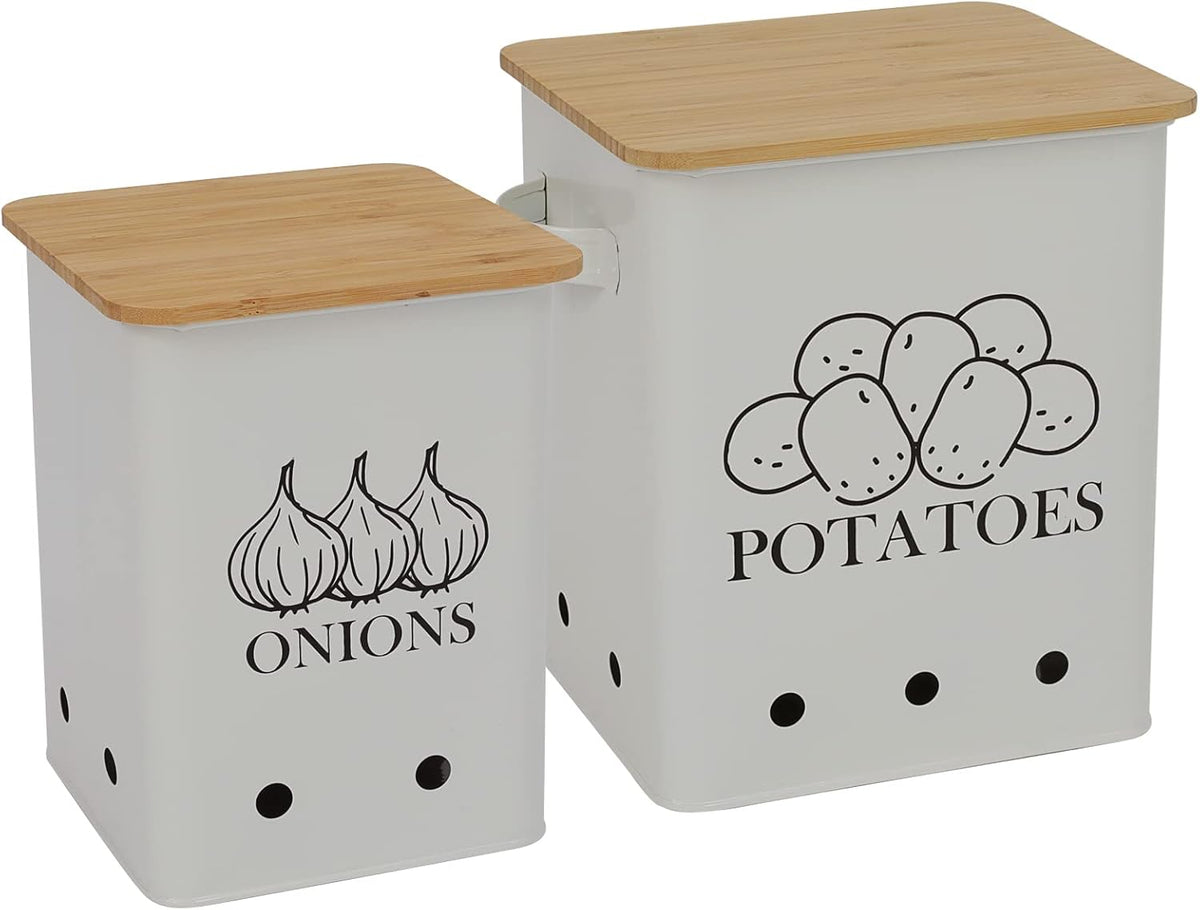 Kitchen Vegetable Storage Tins Set of 2 for Potatoes, Onion, with wooden lid Garlic Bin Caddy, Long Shelf Life-white