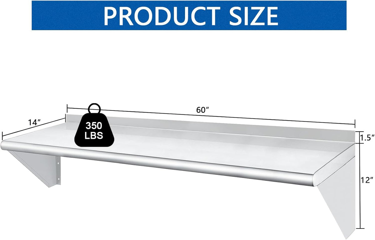 HARDURA Stainless Steel Shelf 14" x 60", 350lb Commercial Shelves Wall Mount Metal Shelving with Backsplash and Brackets for Kitchen, Restaurant, Laundry Room and Home