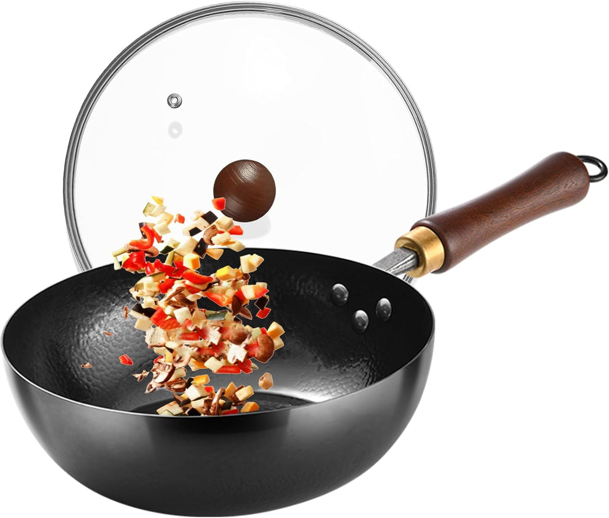 Carbon Steel Wok Pan, 9.5 “ Woks & Stir-Fry Pans with glass Lid Cookwares, Nonstick Wok, No Chemical Coated Flat Bottom Hand Hammered Chinese Wok For for Electric, Induction, for All Stoves