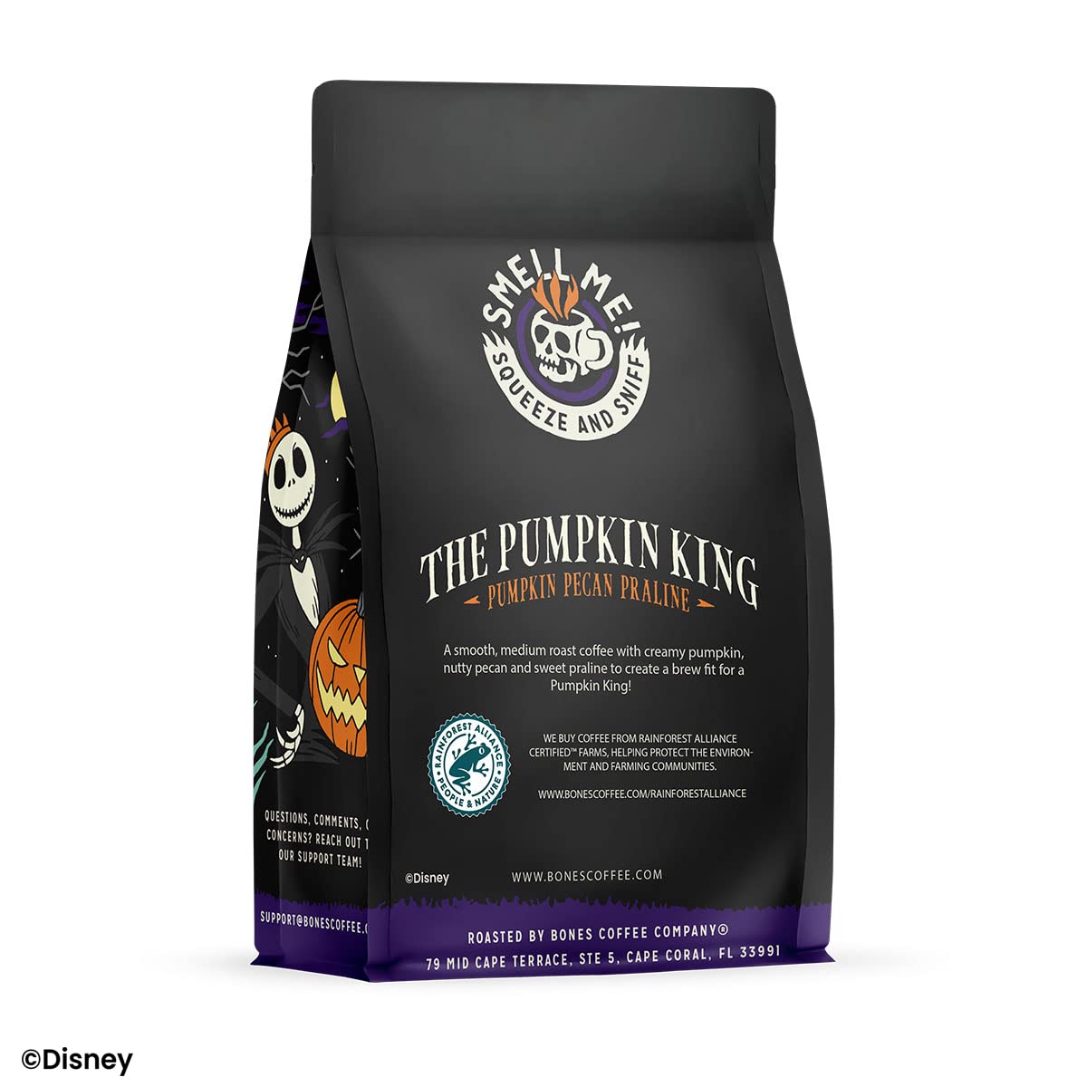 Bones Coffee Company The Nightmare Before Christmas Pumpkin King Flavored Coffee Beans, Medium Roast Ground Coffee Low Acid, Pumpkin Pecan Praline Flavor (12 oz)
