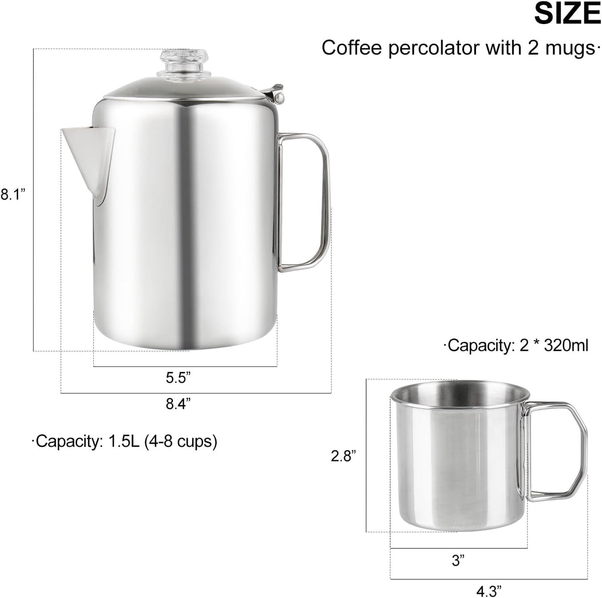 Coffee Percolator Bundle with 2 Mugs Stainless Steel Coffee Maker with Heat Resistant Tough Glass Knob & Foldable Handle Using on any Stovetop Outdoor Camping NO Aluminum NO Plastic (8 Cup)
