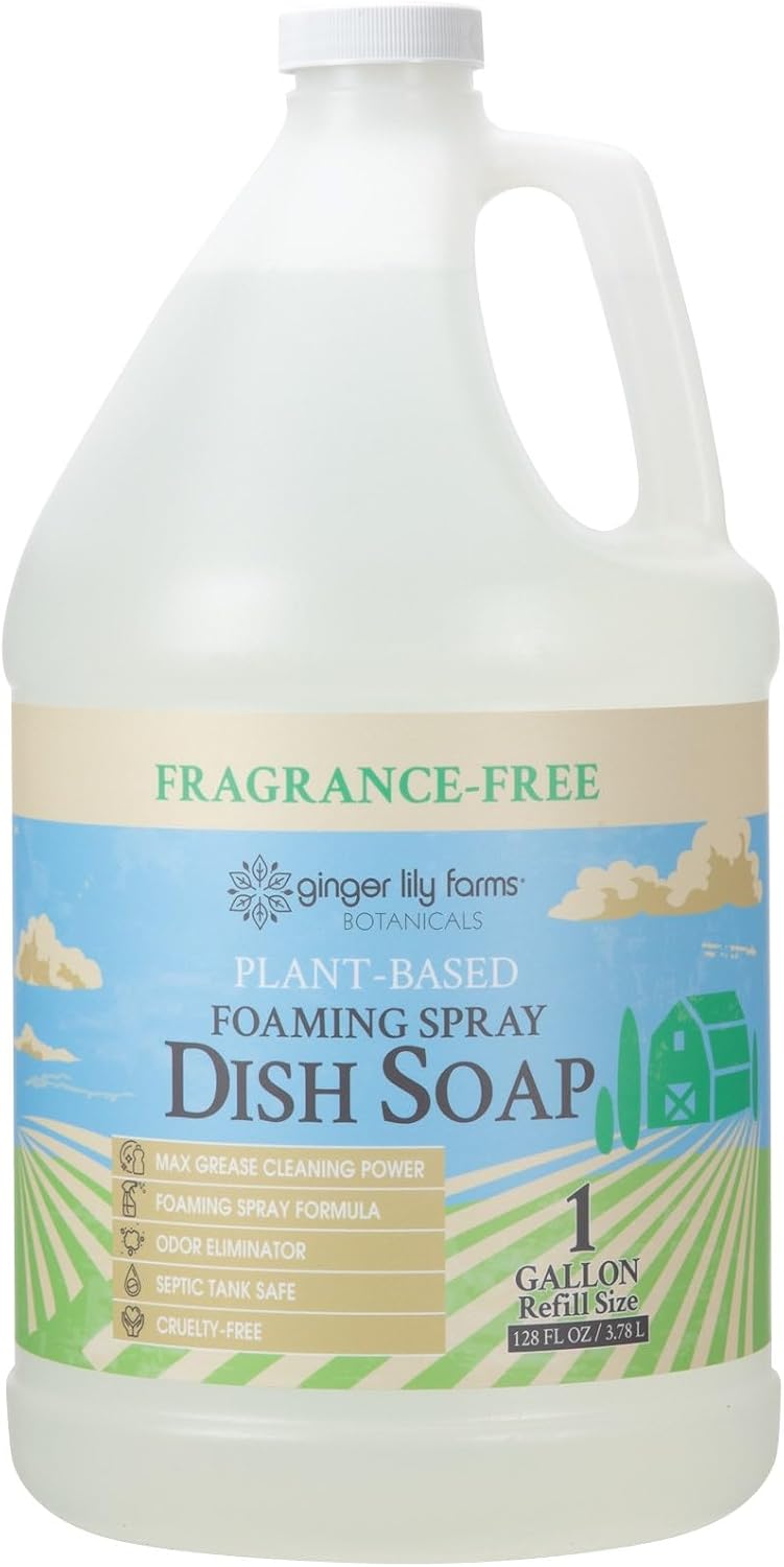Ginger Lily Farms Botanicals Plant-Based Foaming Spray Dish Soap, Concentrated Formula with Max Grease Cleaning Power, Cruelty-Free, Fragrance-Free, 1 Gallon Refill (128 Fl Oz)
