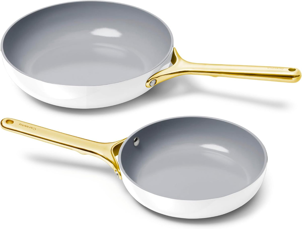 Caraway Fry Pan Duo - Nonstick Ceramic Frying Pan (8" & 10.5”) - Non Toxic, PTFE & PFOA Free - Oven Safe & Compatible with All Stovetops (Gas, Electric & Induction) - White