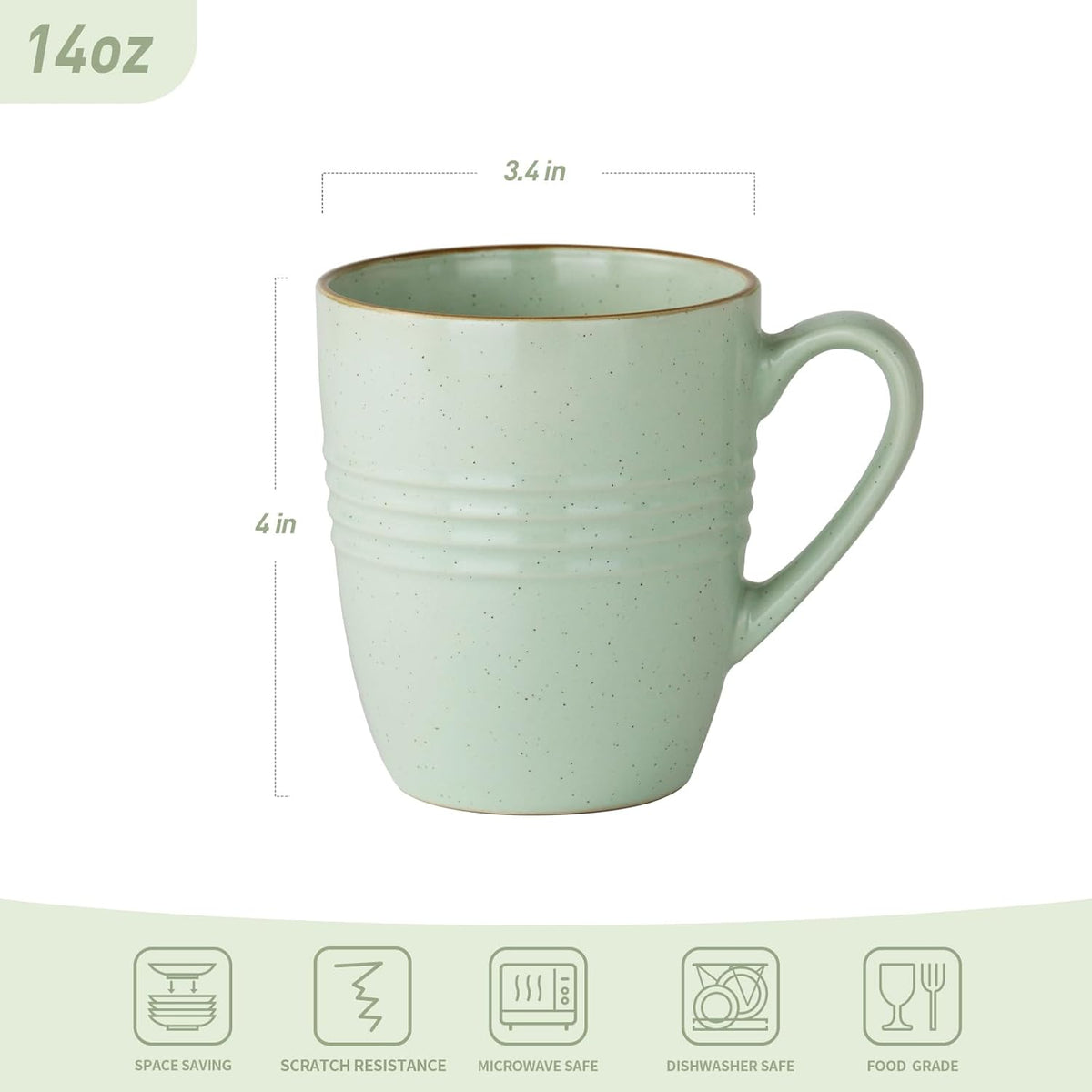 famiware Jupiter Coffee Mugs Set of 4, 14 OZ Coffee Mug, Microwave and Dishwasher Safe, Coffee Cups with Handle for Coffee, Tea, Cocoa, Milk, Light Green