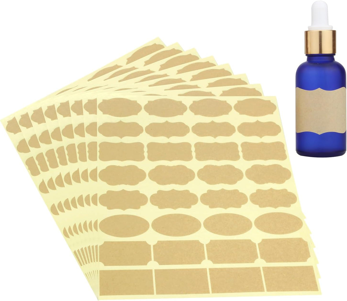 Wisdompro Fancy Shape Kraft Label Stickers, Self Adhesive Gift Tag Stickers Blank Writable Labels for Essential Oil Bottles, Jars, Food Containers (256 Pcs, Small)