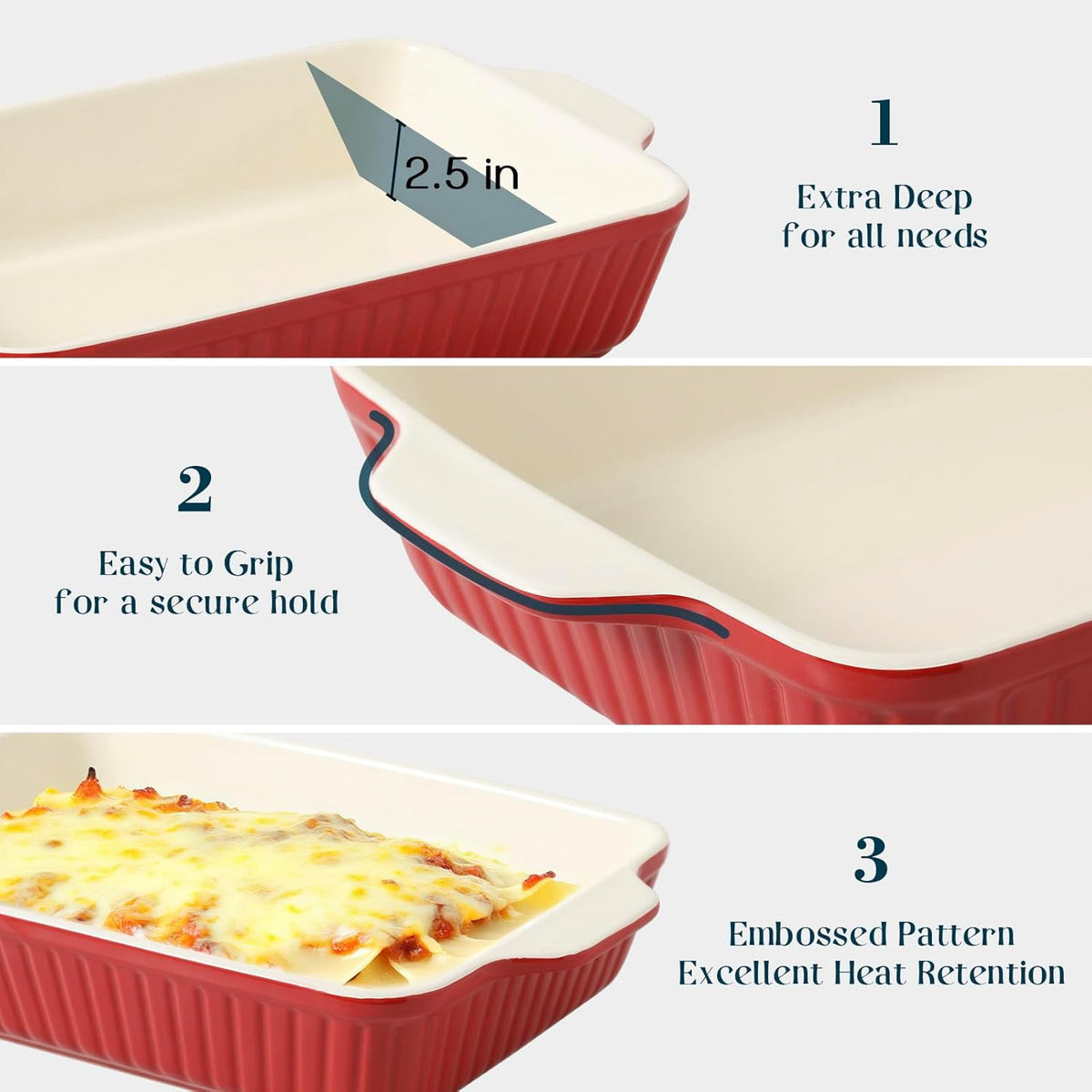 DOWAN Casserole Dishes for Oven, Set of 3 Rectangular Ceramic Baking Dishes, 135 oz Capacity, Red (15.6''/12.2''/8.9'')