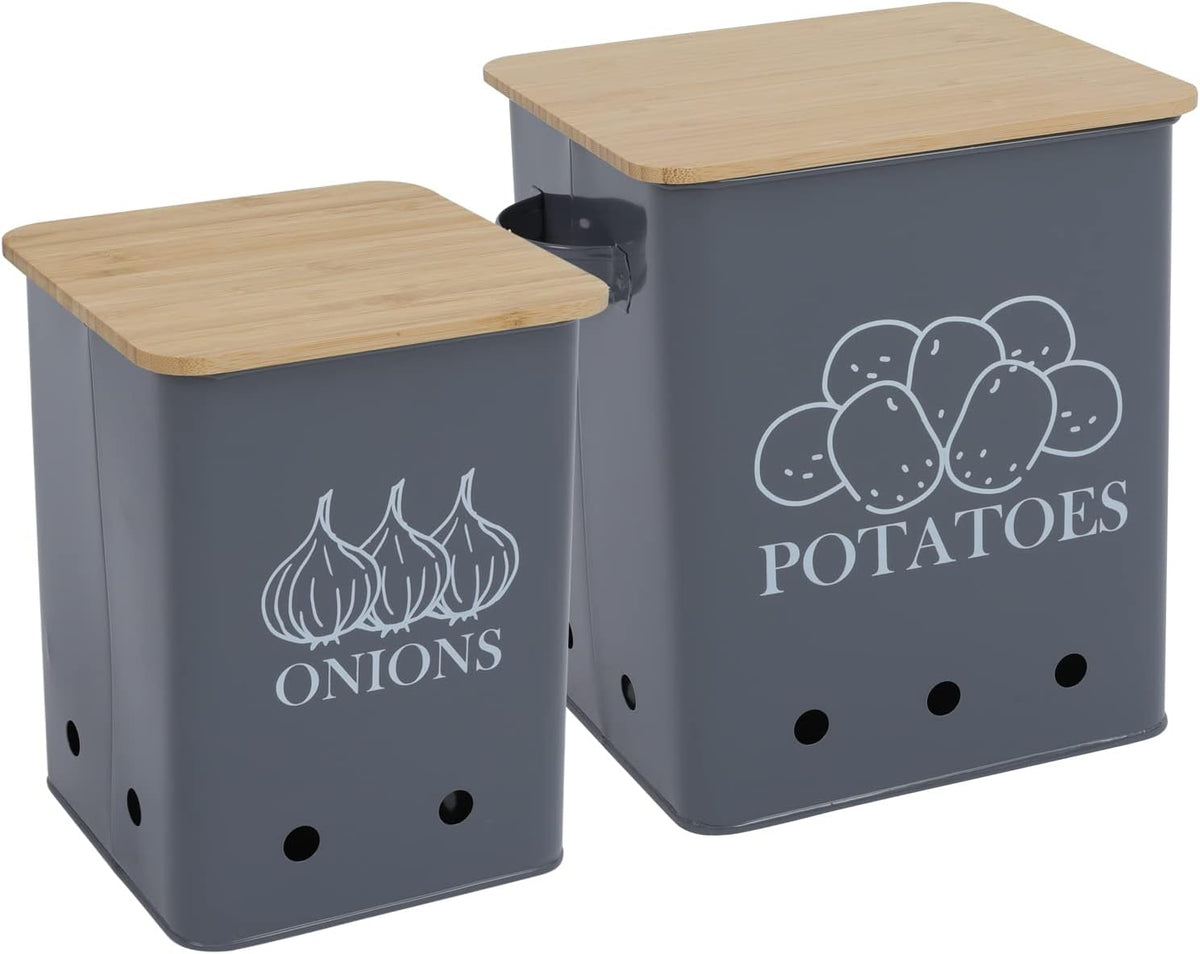 Kitchen Vegetable Storage Tins Set of 2 for Potatoes, Onion, with wooden lid Garlic Bin Caddy, Long Shelf Life-Grey