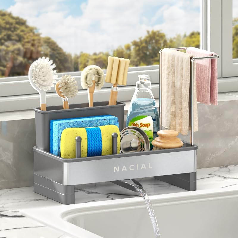 Nacial Sponge Holder for Kitchen Sink, Sink Caddy Organizer with High Brush Holder, Two Towel Racks & Soap Dispenser- Rustproof 304 Stainless Steel Kitchen Countertop Storage Essentials - Gris