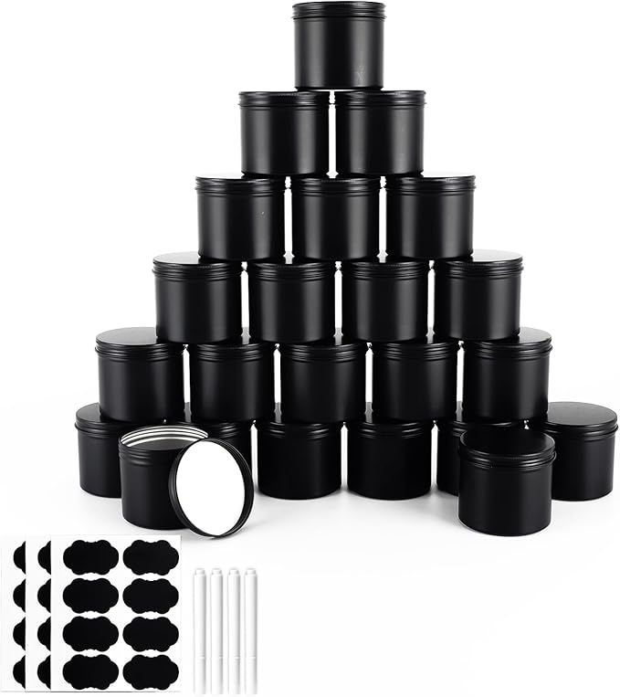 OBKJJ Black Candle Jars 10 oz Matte Tins 24 PCS Metal Candle Containers with Lids Bulk Candle Containers for Balms, Salve, Spices, Beard Balm, Crafts with 4 Markers 6 Sheets Label Stickers