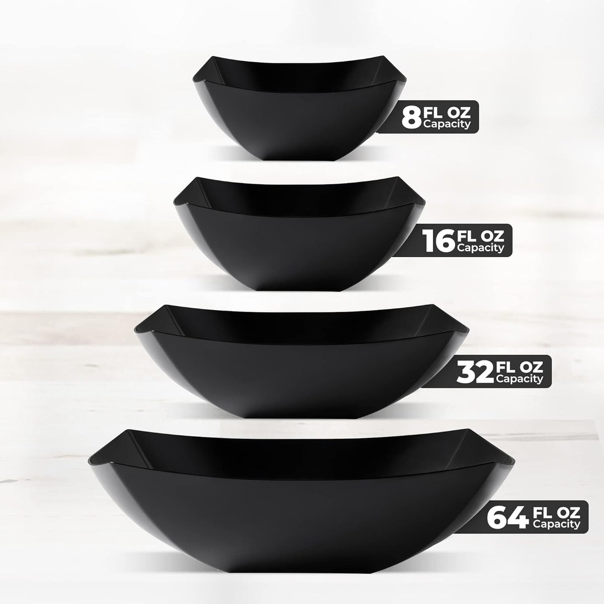Posh Setting - Black Plastic Serving Bowls for Party (64oz - 4 Pack) Square, Disposable & Fruit Bowls for Party Table, Candy Containers for Candy Buffet