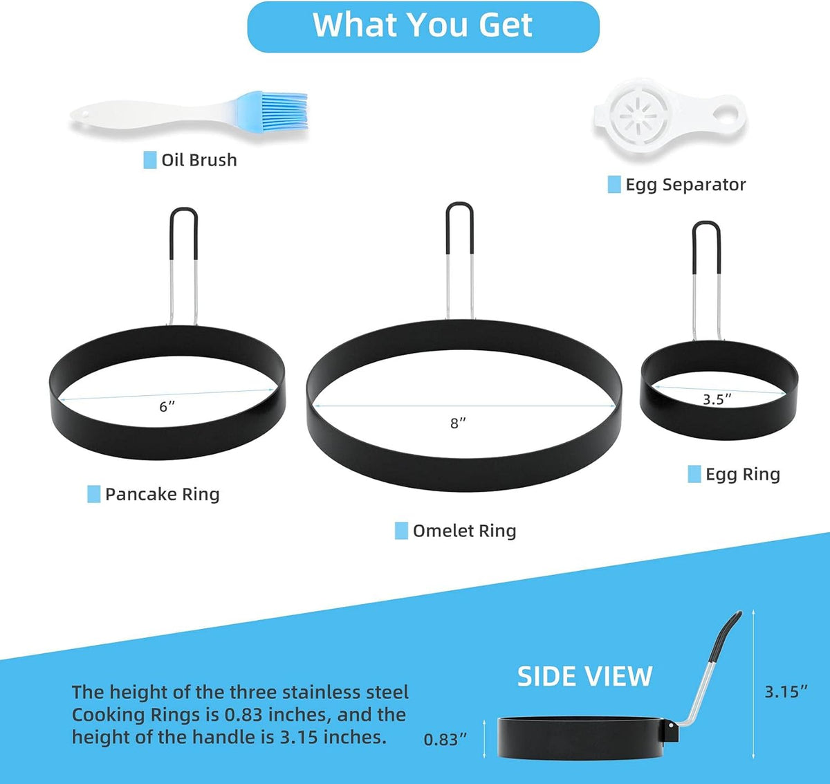 8" Omelet Ring, 6" Pancake Ring, 3.5" Egg Ring for Griddle Frying Eggs (Upgrade Large 3 Pack Stainless Steel Non Stick Round Cooking Rings Molds with Oil Brush and Egg Separator)