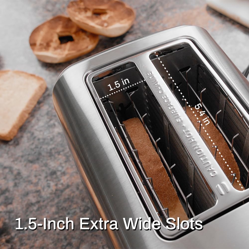 Toaster 2 Slice, Extra Wide Slot Toaster for Bagels, Bread, Waffles, 7 Shade Settings, 4 Main Functions, Removable Crumb Tray, 900 Watts Toasters, Brushed Stainless Steel