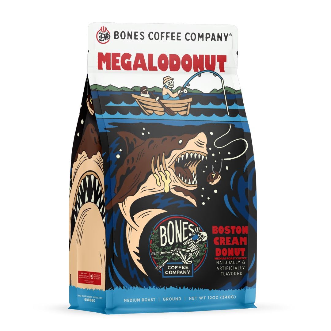Bones Coffee Company Megalodonut, Boston Cream Donut Flavored Coffee, Medium Roast Low Acid Arabica Beans Compatible with Auto drip and French Press Coffee Maker, 12 Oz Ground