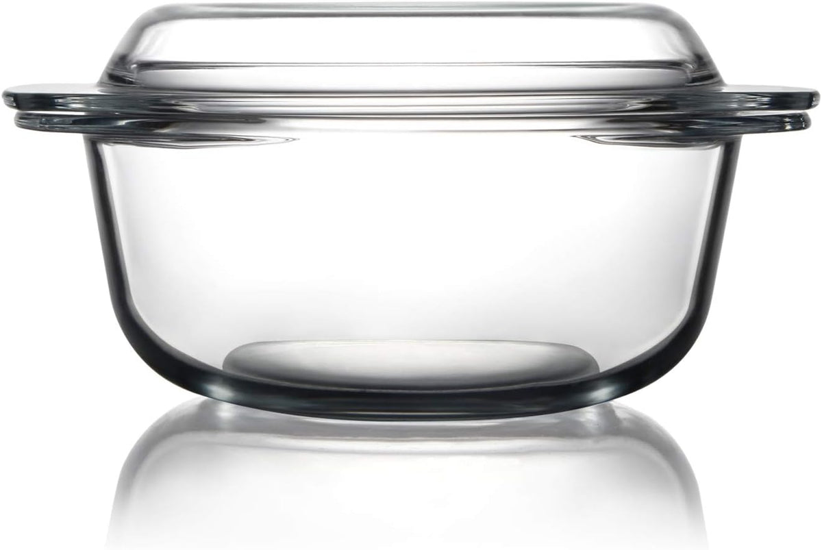 Clear Round Glass Casserole Dish With Lid Non-Plastic Lidded Casseroles Easy Grab Glass Cooking Bowls with Glass Lid, Microwave, Oven, Freezer, and Dishwasher Safe (1.5L)