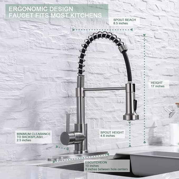 WEWE Kitchen Faucets, Commercial Brushed Nickel Stainless Steel Pull Down Sprayer Single Hole Single Handle RV Farmhouse Laundry Outdoor Faucet for Kitchen Sink, llaves para fregaderos de cocina