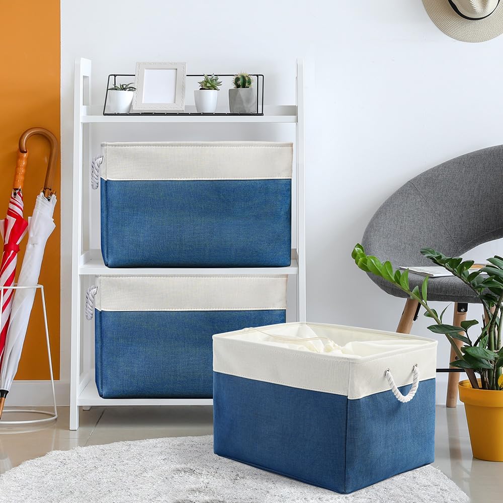 TheWarmHome Organization and Storage Basket for Shelves - Jumbo 3 Pack 20x16x14 inch Collapsible Storage Bins for Organizing, Canves Storage Cubes for Gift Organizer Toys Closet (White & Jean Blue)
